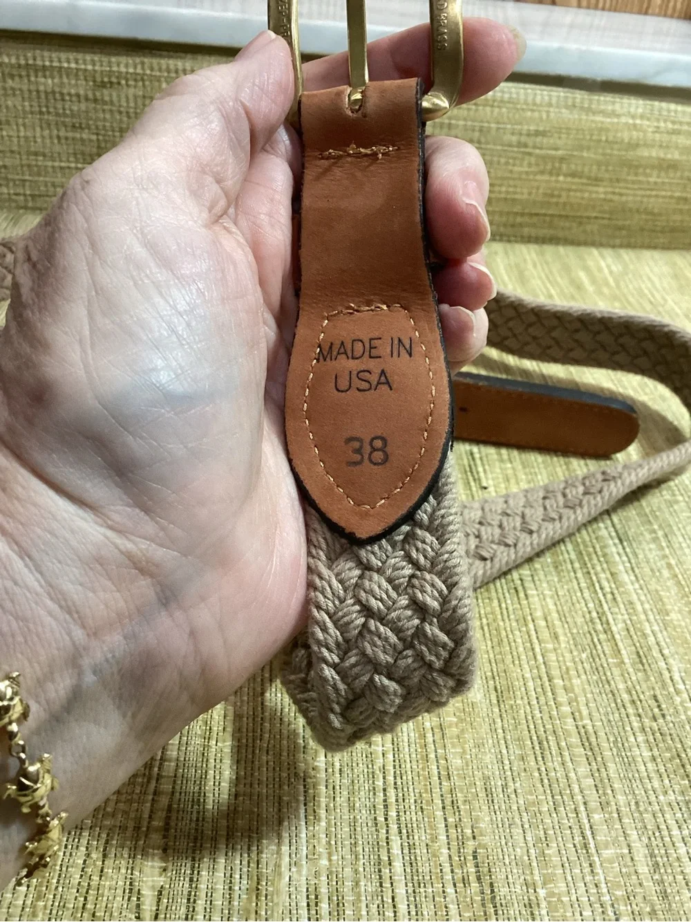 New Zep-Pro Braided Beige Belt with Brown Leather Accents Size 38